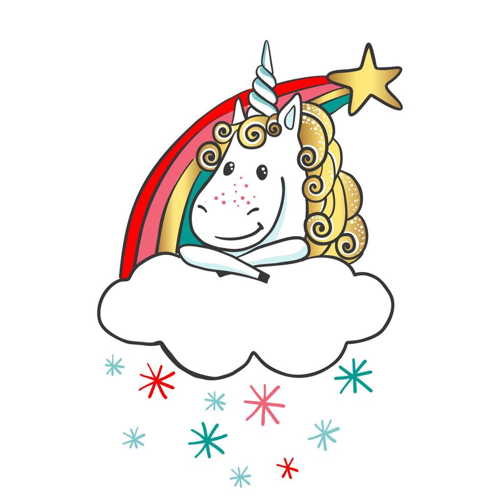 Hand drawn Cute magic Unicorn with rainbow isolated on white background. Cartoon fantasy animal. Dream symbol. Design element for greeting cards, t-shirt and other. Vector illustration.