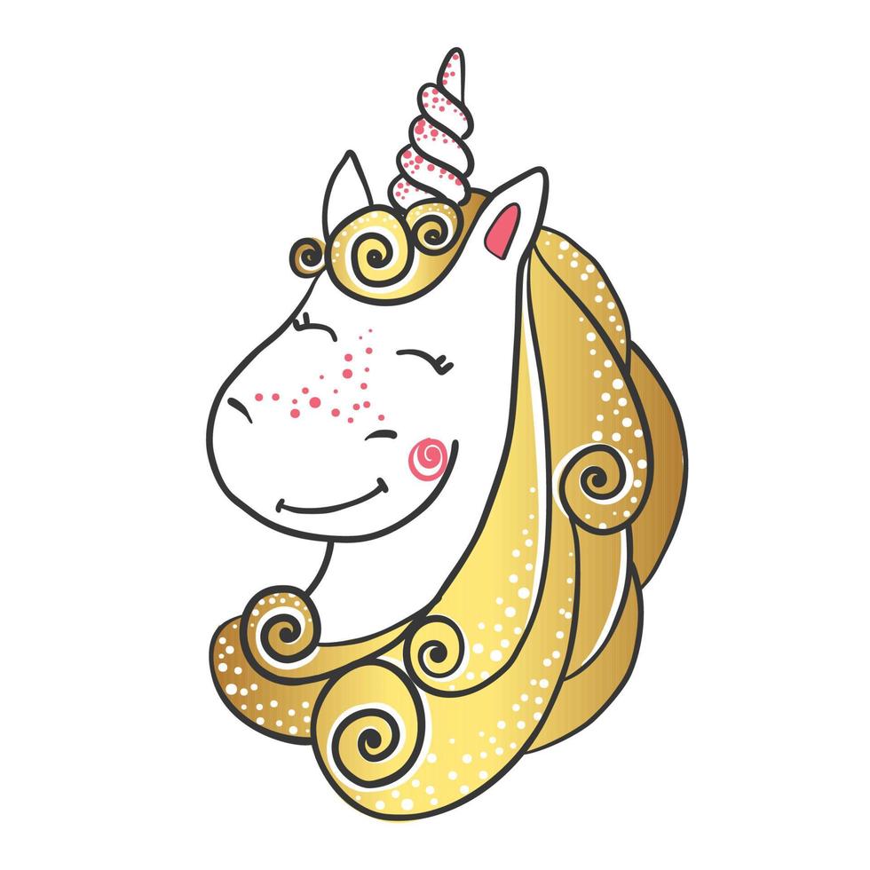 Hand drawn Cute magic Unicorn isolated on white background. Cartoon fantasy animal. Dream symbol. Design element for greeting cards, t-shirt and other. Vector illustration.