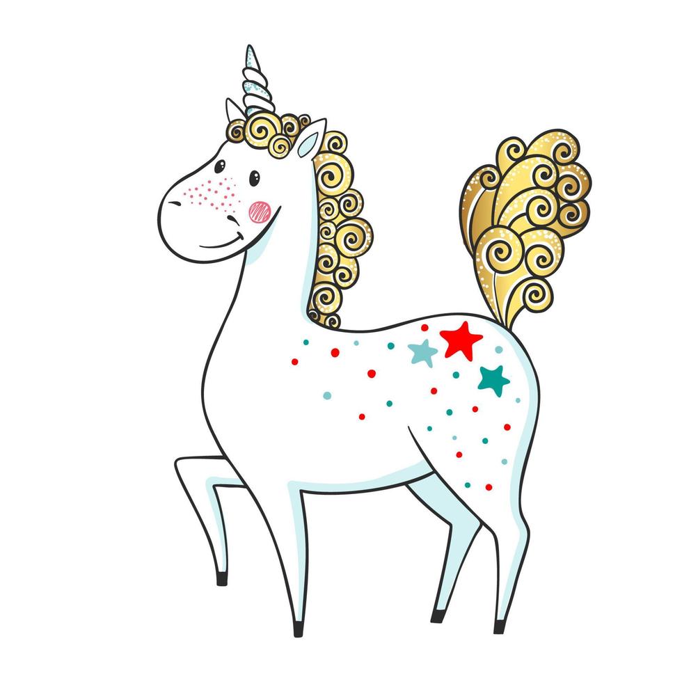 Unicornio mágico lindo dibujado a mano aislado sobre fondo blanco. dibujos animados de animales de fantasía. símbolo de sueño. elemento de diseño para tarjetas de felicitación, camisetas y otros. ilustración vectorial vector