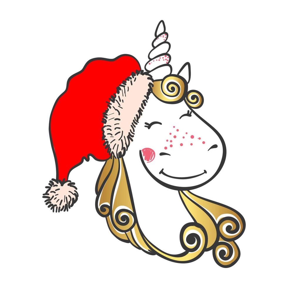 unicornio de invierno mágico lindo dibujado a mano en sombrero de santa aislado sobre fondo blanco. dibujos animados de animales de fantasía. símbolo de sueño. elemento de diseño para tarjetas de felicitación, camisetas y otros. ilustración vectorial vector