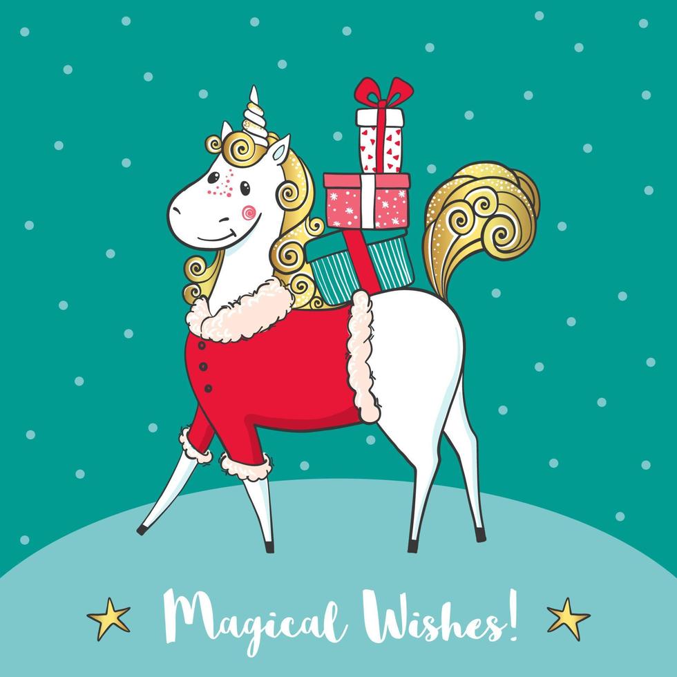 Winter card with cute unicorn-Santa and gifts. Cartoon hand drawn unicorn. Hello winter time. Vector illustration. Design for greeting cards, t-shirt and other