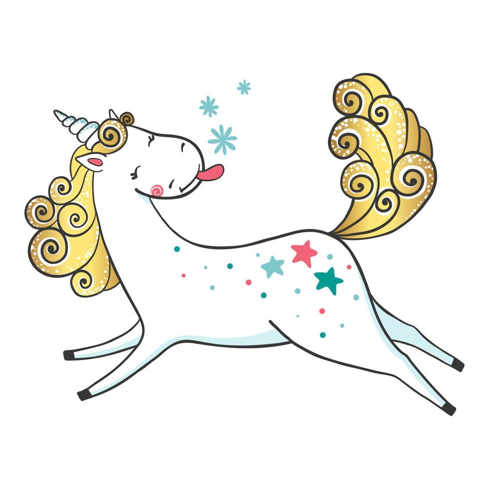 Hand drawn cute unicorn and snowflakes isolated on white background. Cartoon fantasy animal. Dream symbol. Design element for greeting cards, t-shirt and other. Vector illustration.