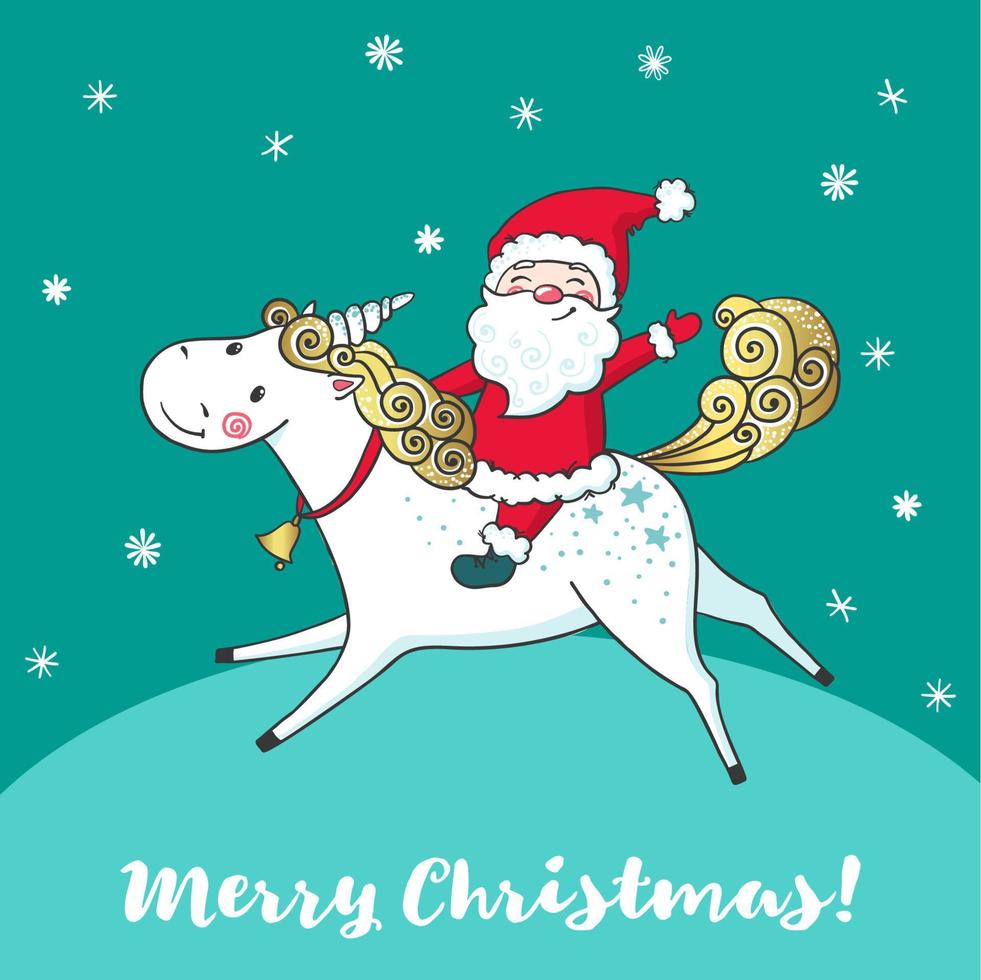 Greeting card with cute unicorn and Santa Claus. Cartoon hand drawn style. Hello winter time. Vector illustration. Design for greeting cards, t-shirt and other