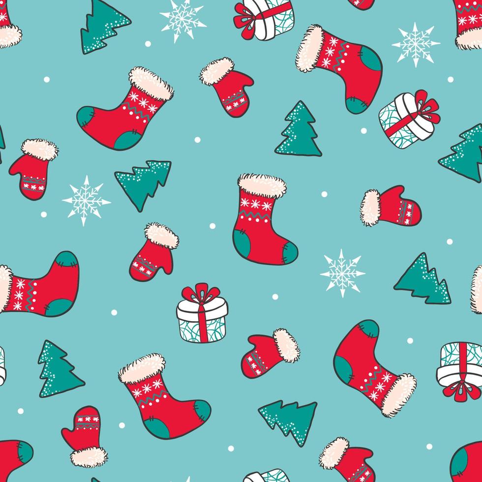 Hand drawn Christmas seamless pattern with Christmas socks, trees and gifts. Cartoon style. Design for textile, packaging or children, baby room interior. Christmas concept. Vector illustration.