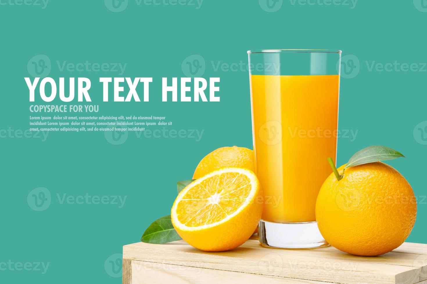 Glass of fresh orange juice on wooden box, Fresh fruits Orange juice in glass with group on blue background with copy Space for your text. photo