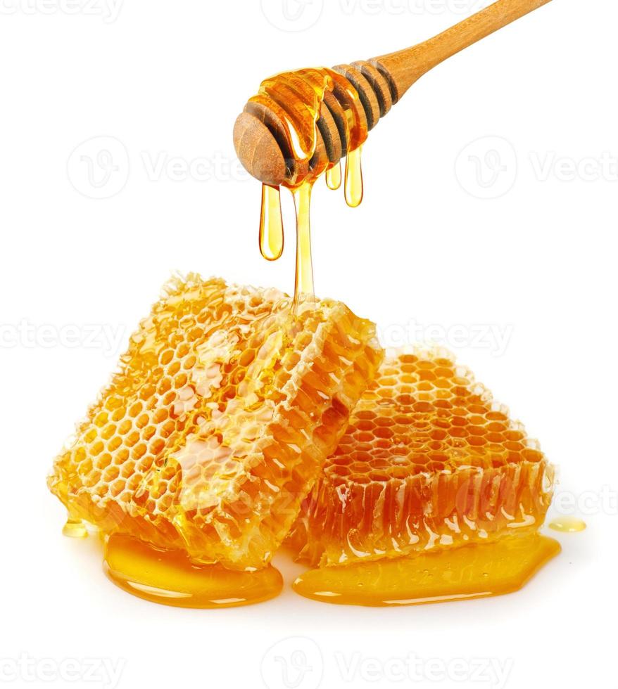 Sweet honeycomb and wooden Honey dripping isolated on a white background. Honey dipper photo