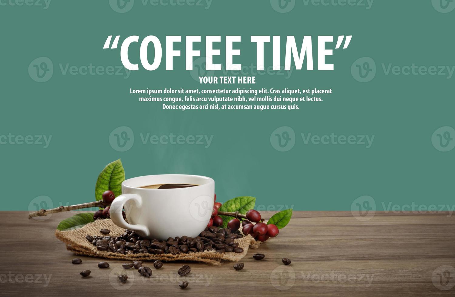 Hot coffee cup with fresh organic red coffee beans and coffee roasts on the wooden table and the black background with copyspace for your text. photo