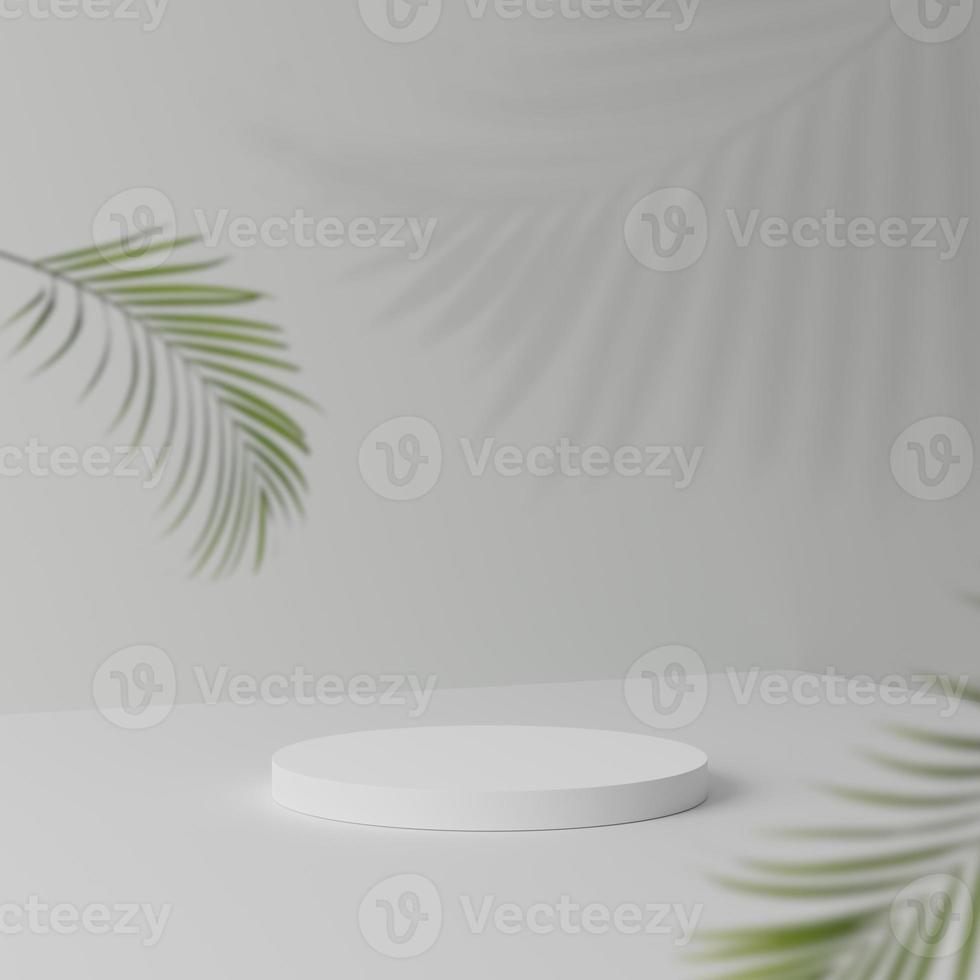 podio de pedestal de esquina redonda blanca abstracta con hojas verdes, podio de exhibición de productos en la habitación, estudio de representación 3d con formas geométricas, escena mínima de productos cosméticos con plataforma foto