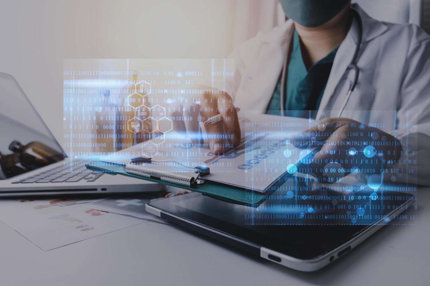 Medicine doctor and stethoscope touching icon medical network connection with modern interface on digital tablet in hospital background. Medical technology network concept photo