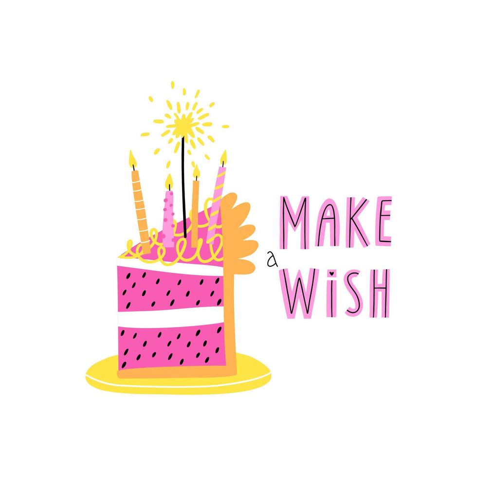 un trozo de pastel de cumpleaños con velas. pide un deseo. ilustración vectorial vector