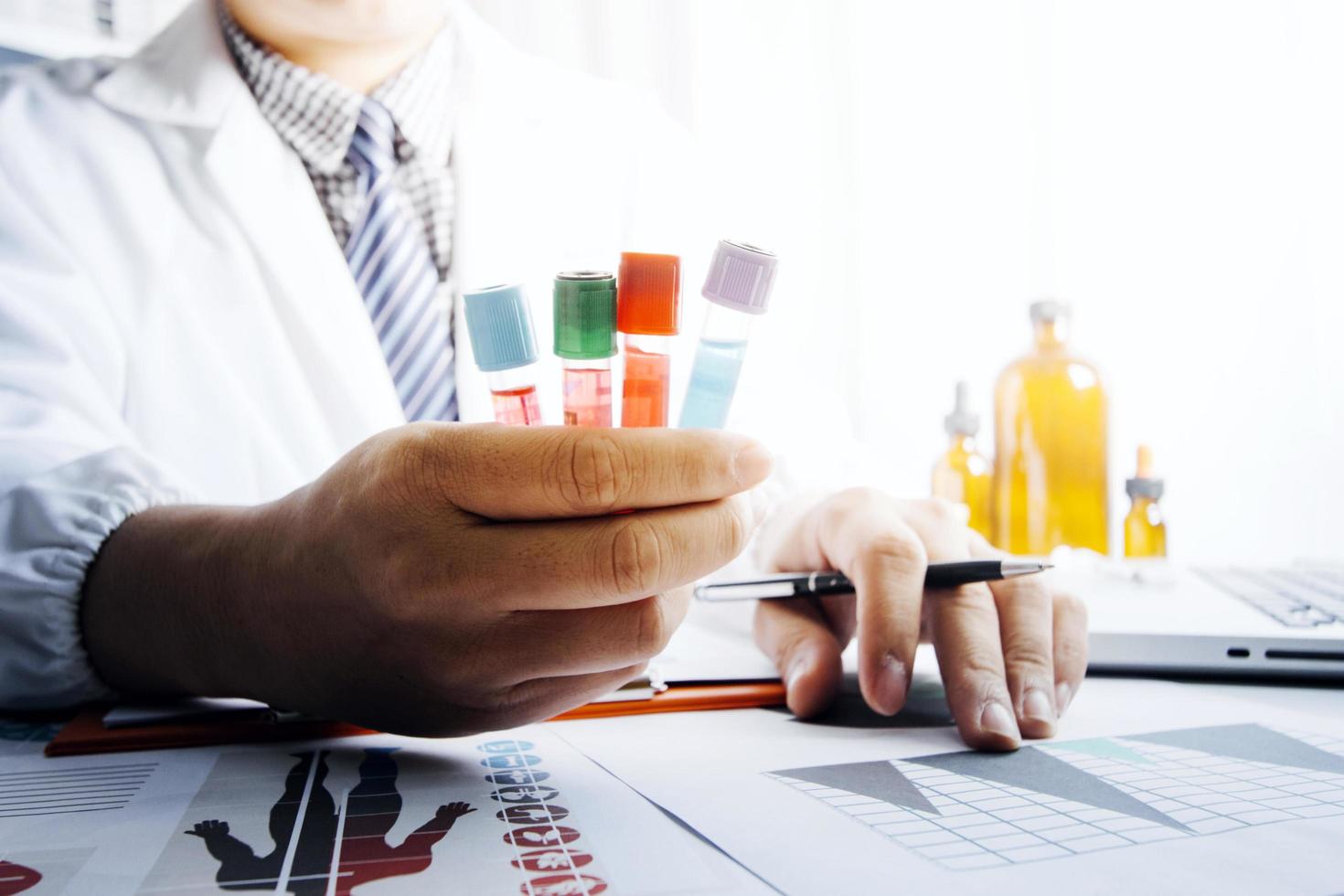 Medicine doctor and stethoscope touching icon medical network connection with modern interface on digital tablet in hospital background. Medical technology network concept photo