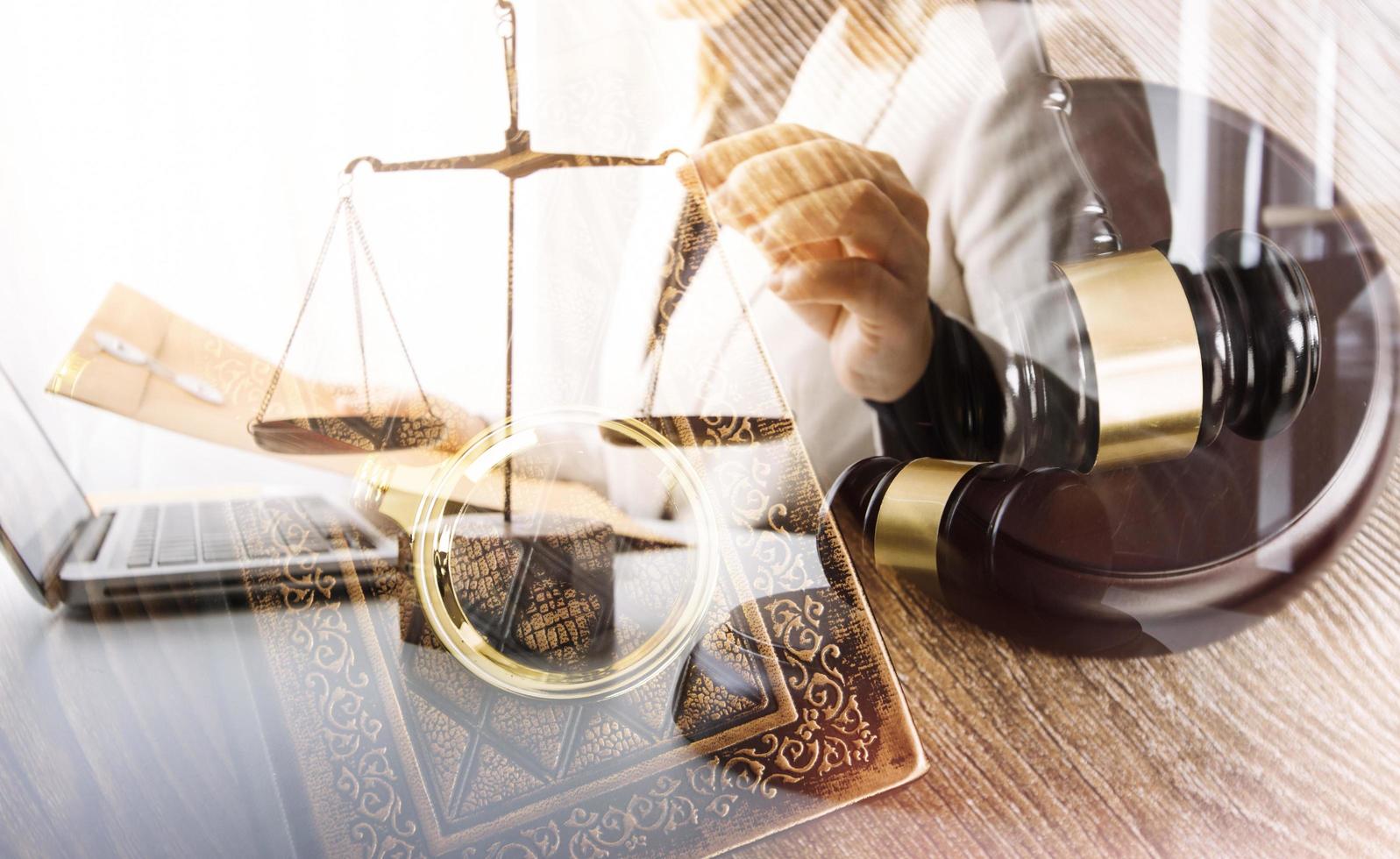 Business and lawyers discussing contract papers with brass scale on desk in office. Law, legal services, advice, justice and law concept picture with film grain effect photo