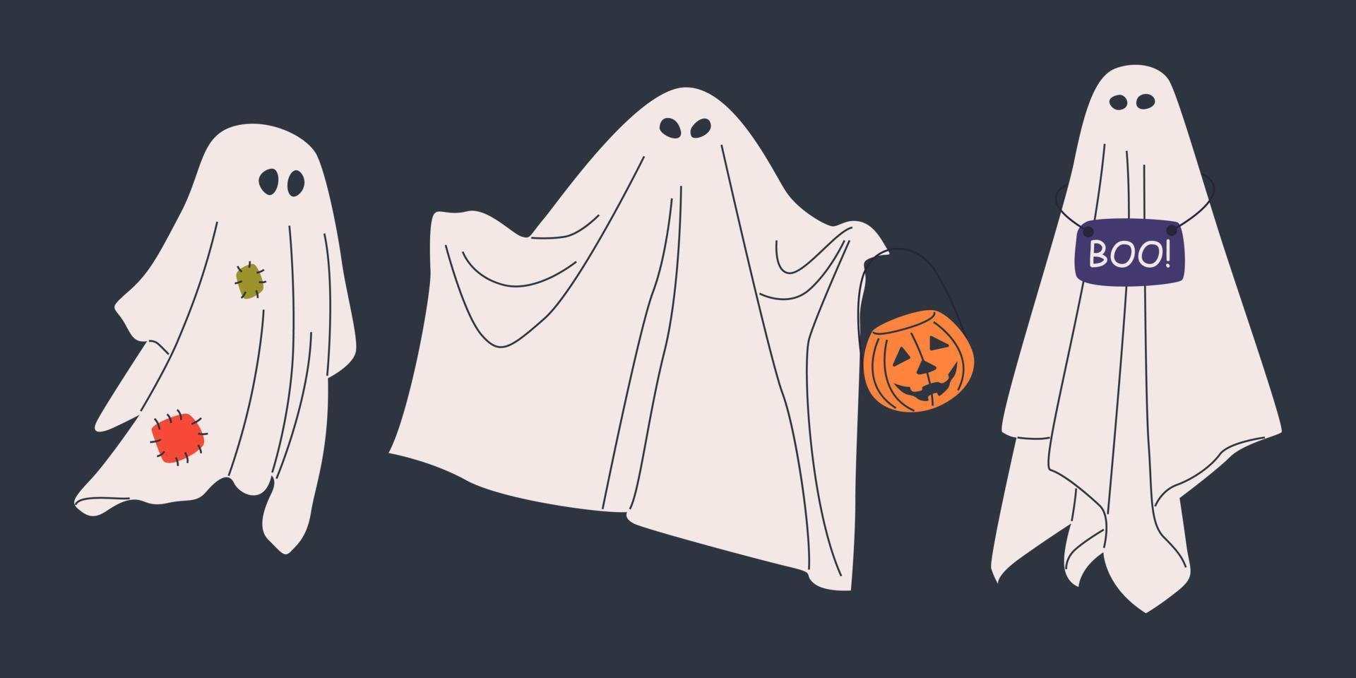 Set of halloween cloth ghosts in different poses. Halloween scary ghostly monsters, spirits with nameplate, patch. Floating phantoms with pumpkin basket for Trick or Treat. Creepy boo, spooky. vector