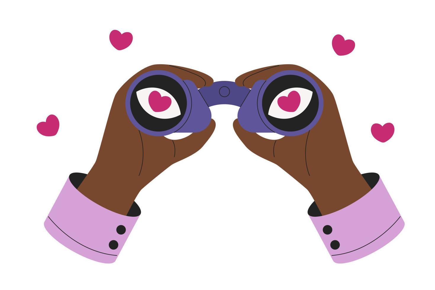 Hands hold binoculars, big eyes with red hearts full of love look forward through lenses. Concept of search for soul mate in internet, meeting website, finding girlfriend, falling in love. vector