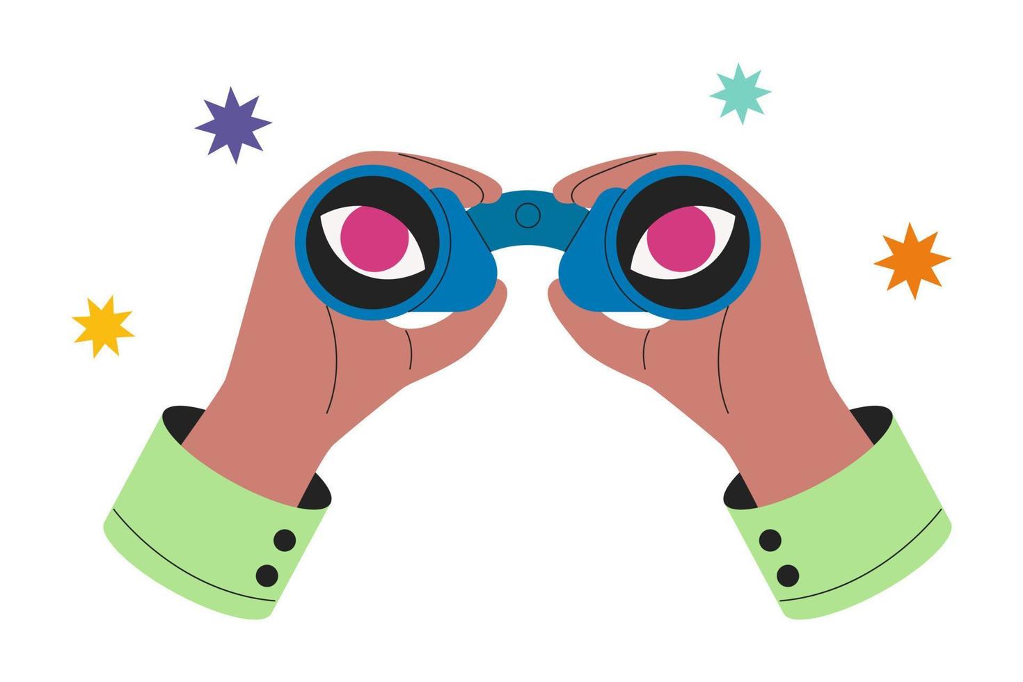 Hands hold binoculars, big pink eyes look forward through lenses. Concept of search, research, vision, view, spying. Future strategy, business opportunity, exploration,  web surfing, target search. vector