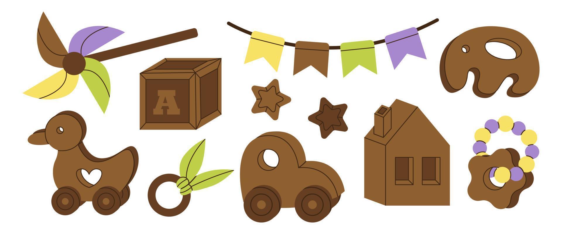 Set of wooden vintage toys for kids. Children car, duck, beanbag, elephant, toy cubes, house, flags. Educational nursery tools. Childhood, children games, preschool activities concept. Toy workshop. vector