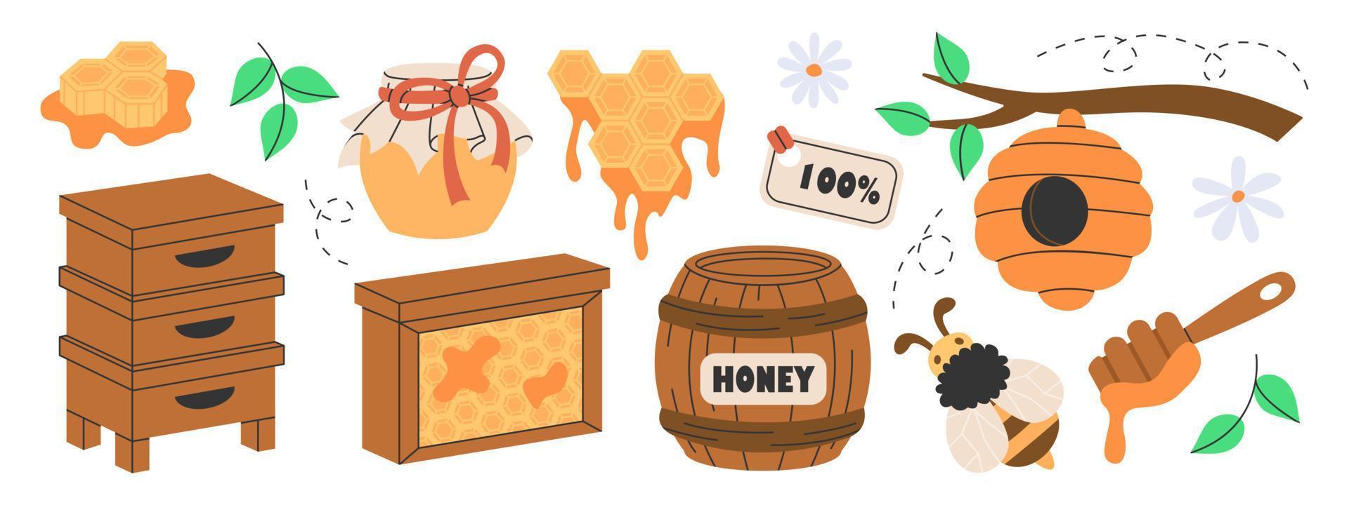 conjunto de atributos de producción de miel, apicultura o apicultura. colmena de madera, panales hexagonales, abeja, miel en frasco de vidrio, barril, flores, cuchara, colmena de abejas en el árbol. dulces naturales orgánicos de apiario. vector