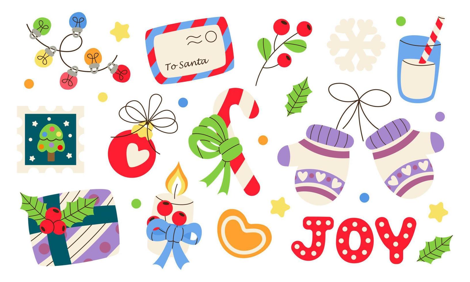 Set of merry christmas gift, garlands, candy,  candle, snowflake, winter mittens, fir tree baubles, joy, milk, post mark. Holiday festive decoration. Hygge, cozy xmas household. Happy New Year 2023. vector