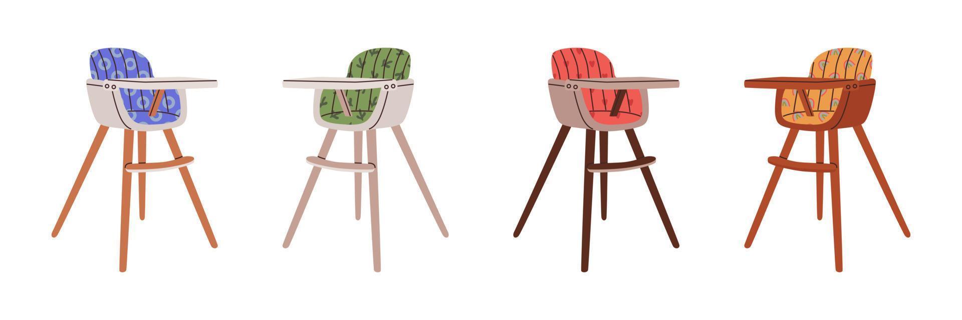 Set of baby high chair for eating at home with different patterns. Raising Child. Feeding seat for infant with print of abstract circle, rainbow, heart, cactus. Modern child wooden chair on high legs. vector