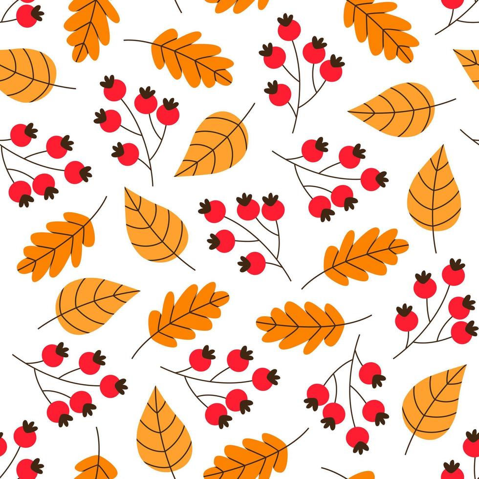 Autumn pattern with falling leaf and berries. Rose hips, berries of rowan. Cozy forest cute fall illustration. For wallpaper, gift paper, web, fall greeting cards, fabric, textile, texture. vector