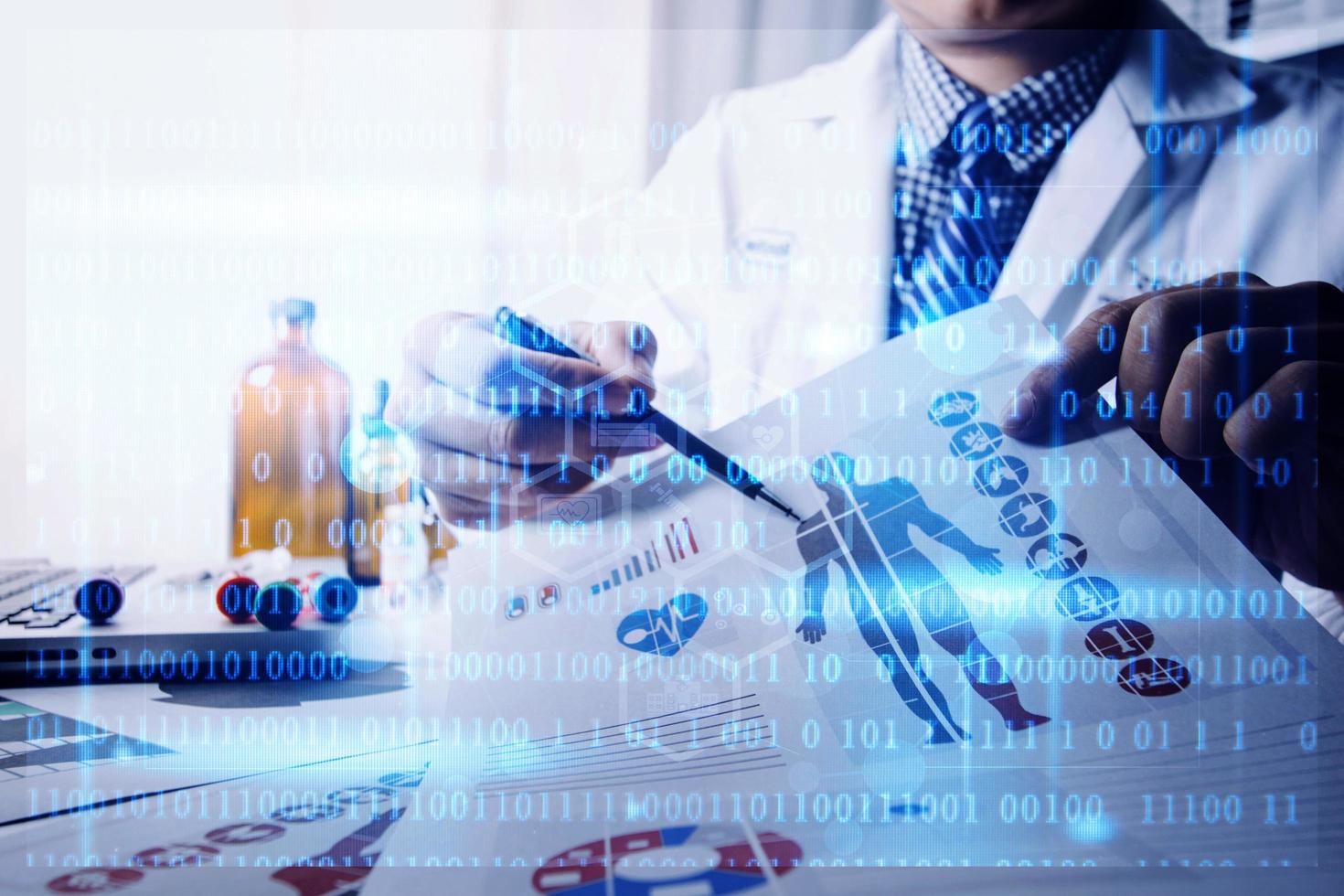 Double exposure of healthcare And Medicine concept. Doctor and modern virtual screen interface. photo