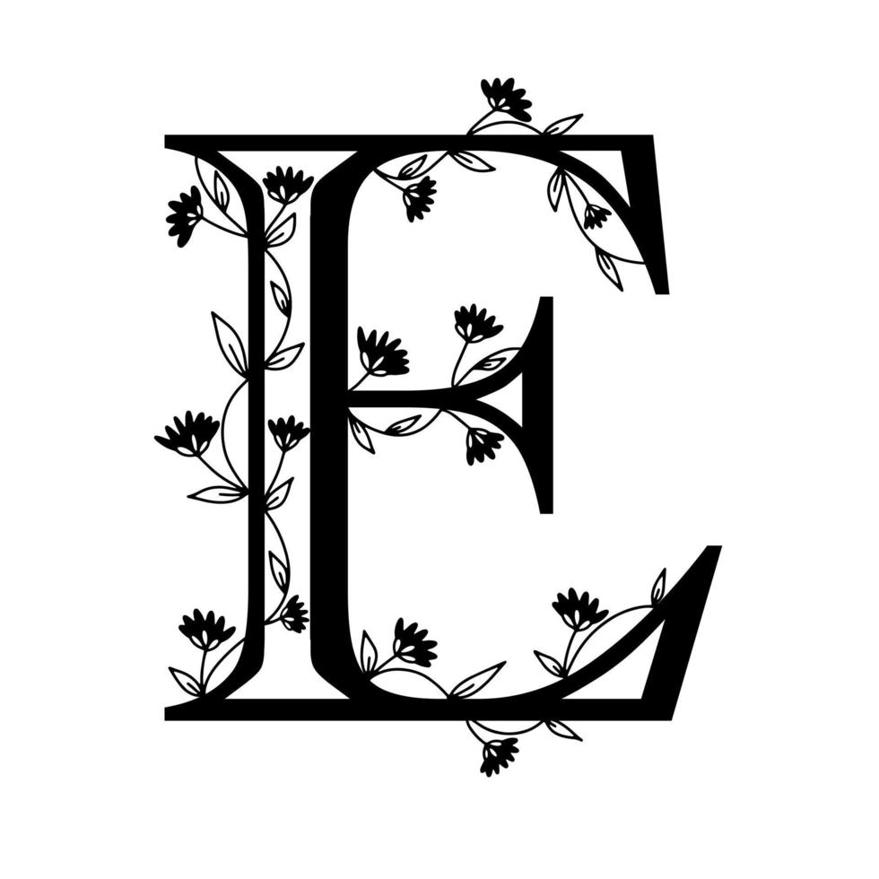 Floral botanical alphabet. Vintage hand drawn monogram letter E