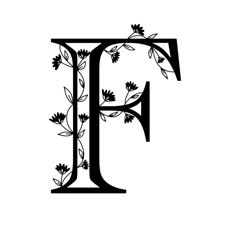 Floral botanical alphabet. Vintage hand drawn letter F. Letter with plants and flowers. Vector lettering isolated on white