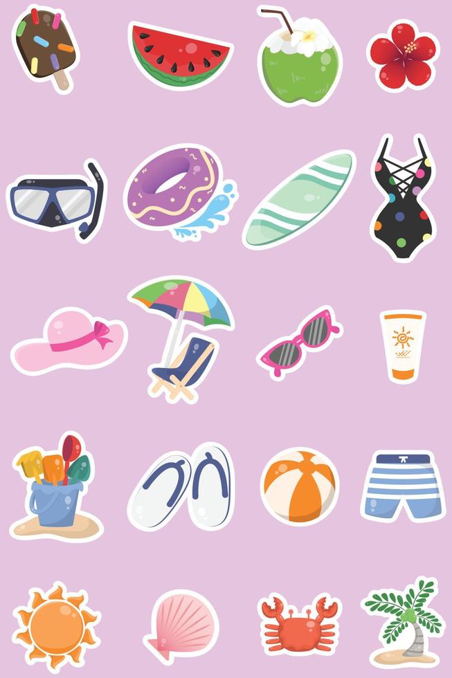 Cute summer item set sticker stlye vector