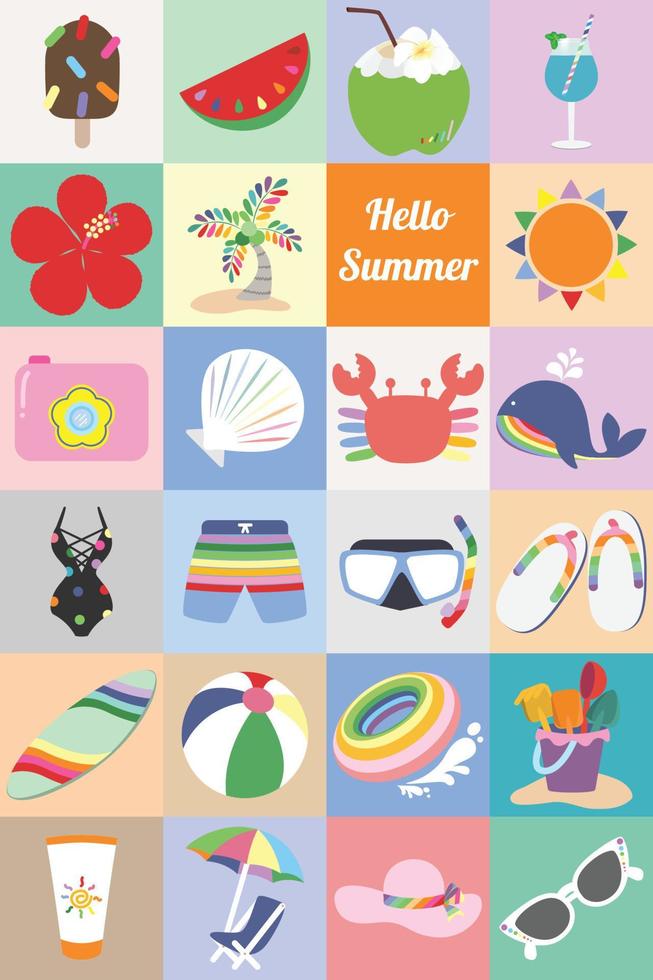 Summer item set with rainbow colors vector