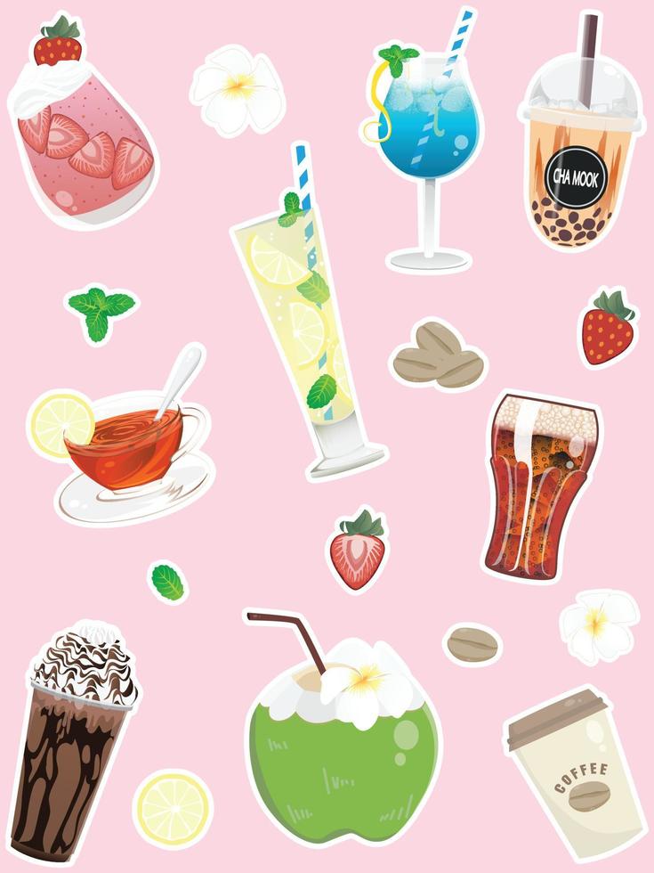 Refreshing drinks cute icon set-Sticker style vector