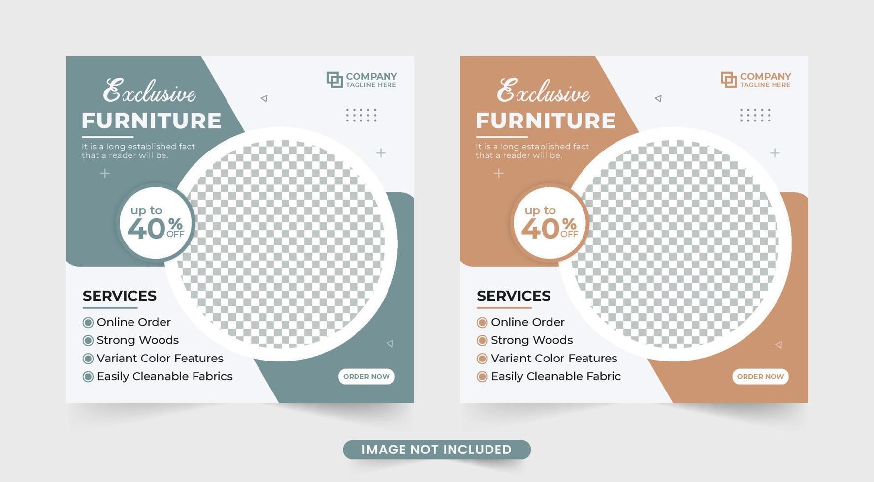Exclusive furniture sale social media post vector with blue and clay colors. Furniture business advertising web banner design with abstract shapes. Modern furniture store promotion template vector.