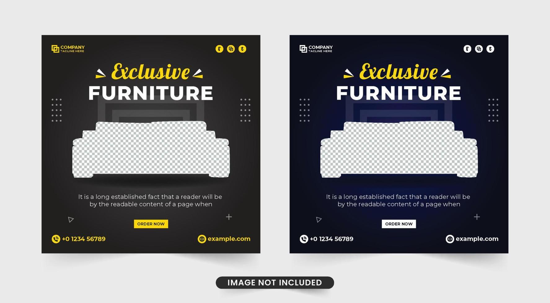 Modern furniture sale banner and social media post vector with dark backgrounds. Furniture store promotion and digital marketing web banner design. Exclusive furniture sale advertisement template.