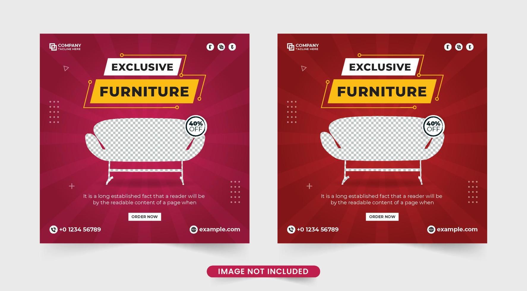 Modern furniture business social media post vector with red backgrounds. Minimal furniture store web banner template for business promotion. Furniture sale advertisement template for social media.