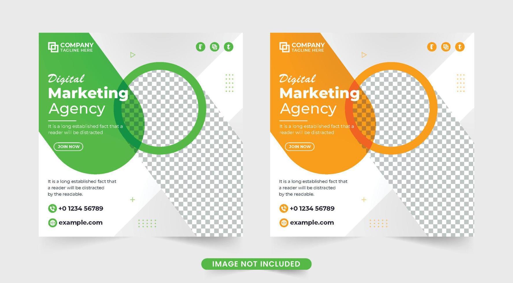 plantilla de póster de marketing digital creativo con colores verde y naranja. diseño de banner web empresarial editable con formas abstractas. vector de plantilla de promoción de negocios corporativos para redes sociales.