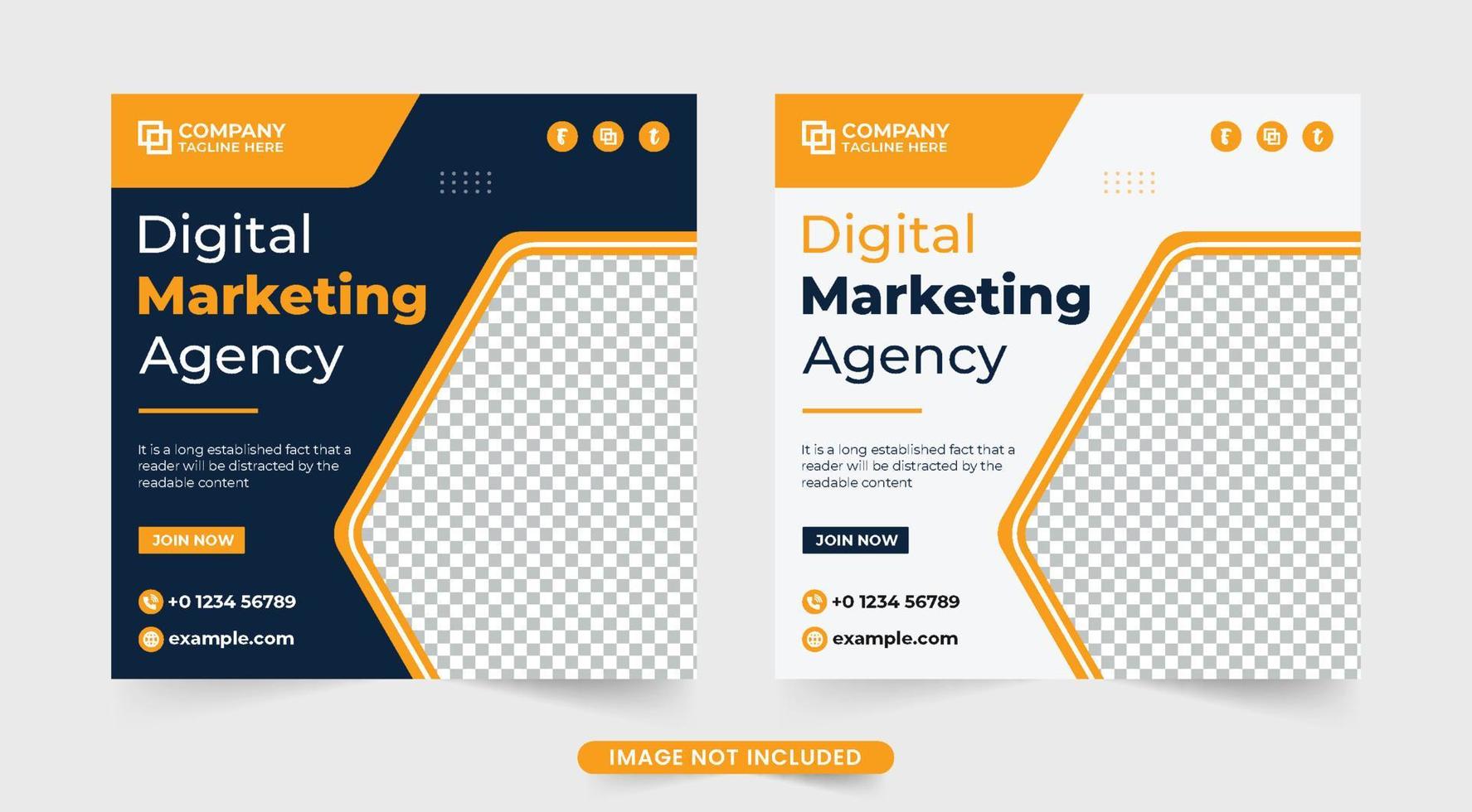plantilla de agencia de negocios digitales para marketing en redes sociales. banner web de la agencia de marketing corporativo diseñado con colores oscuros y amarillos. vector de plantilla promocional de agencia de negocios.