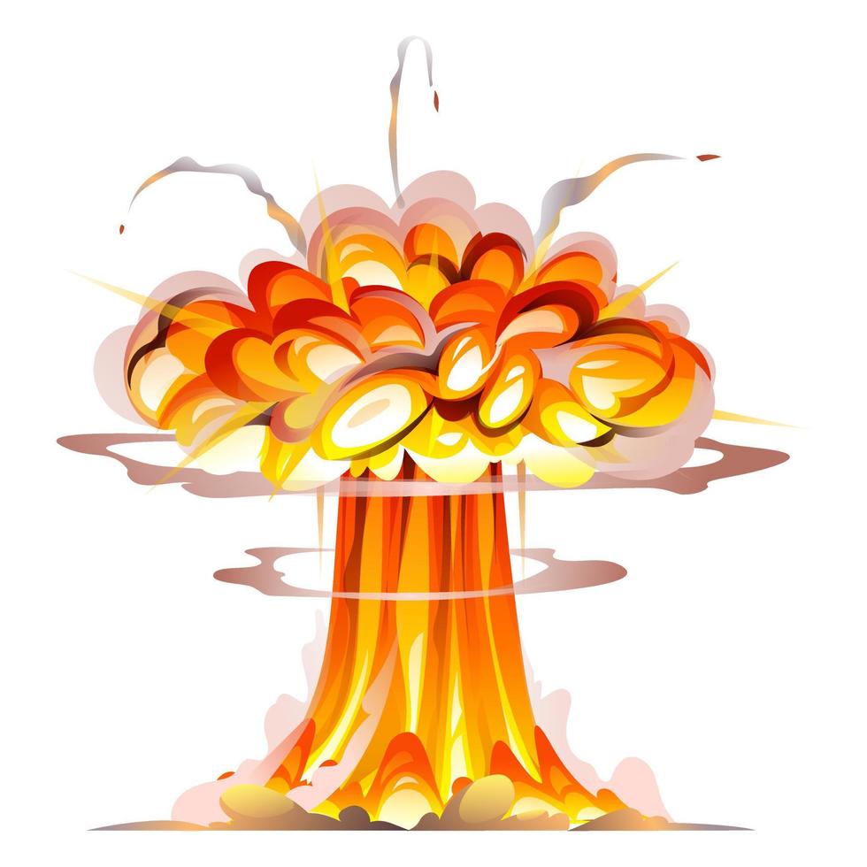 vector de explosión de bomba. explosión atómica con humo, llamas y partículas ilustración de dibujos animados