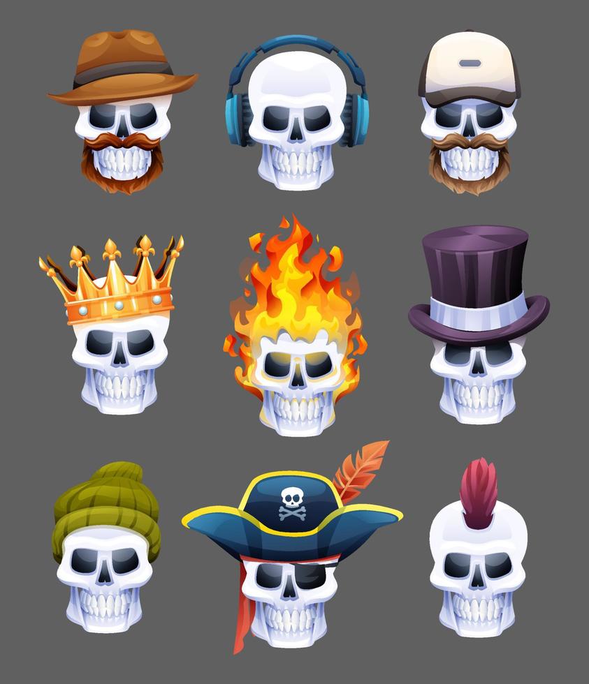 Collection of skull heads in various characters. Skulls cartoon illustration vector