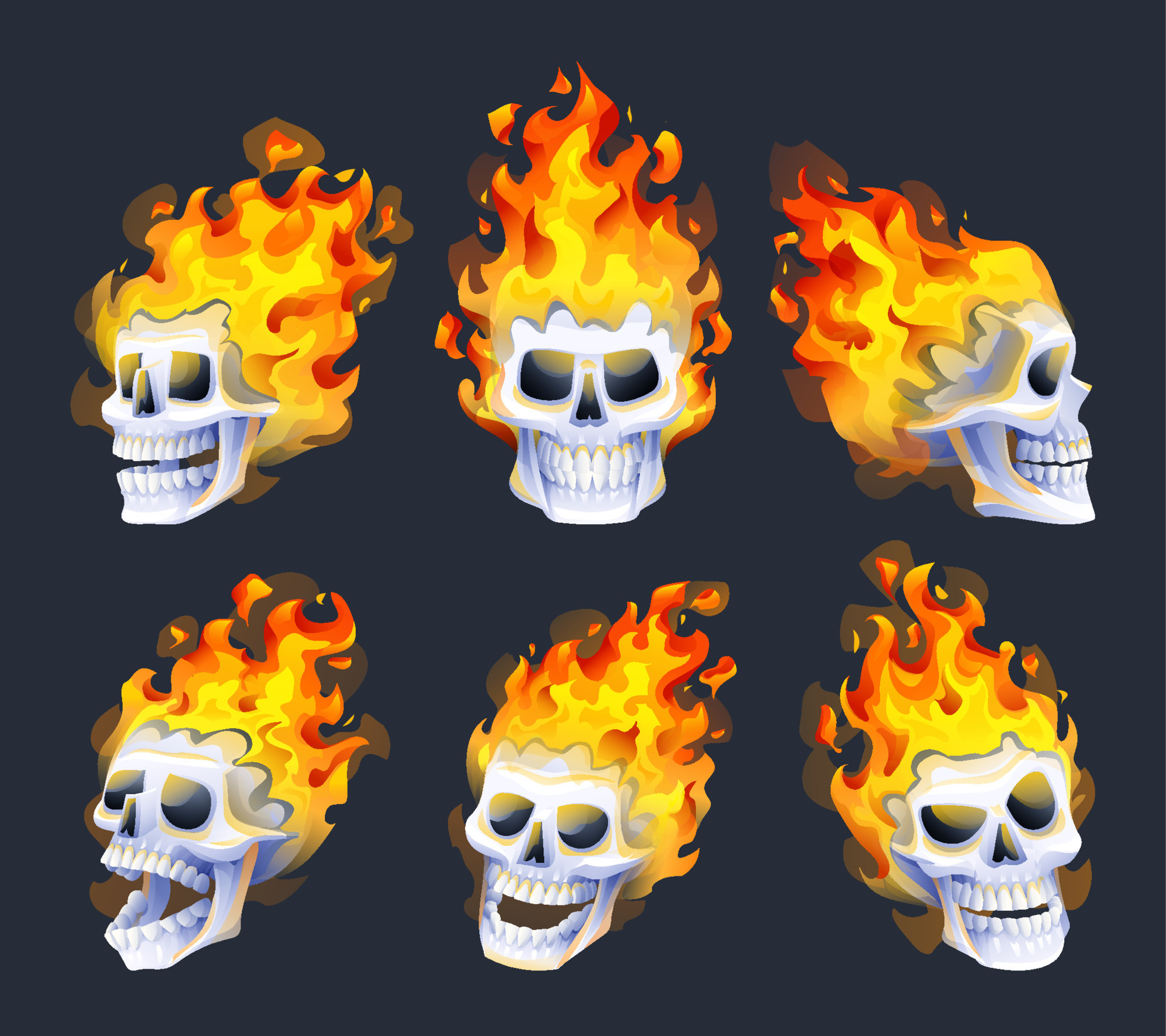 Collection of burning skull heads with fire cartoon illustration