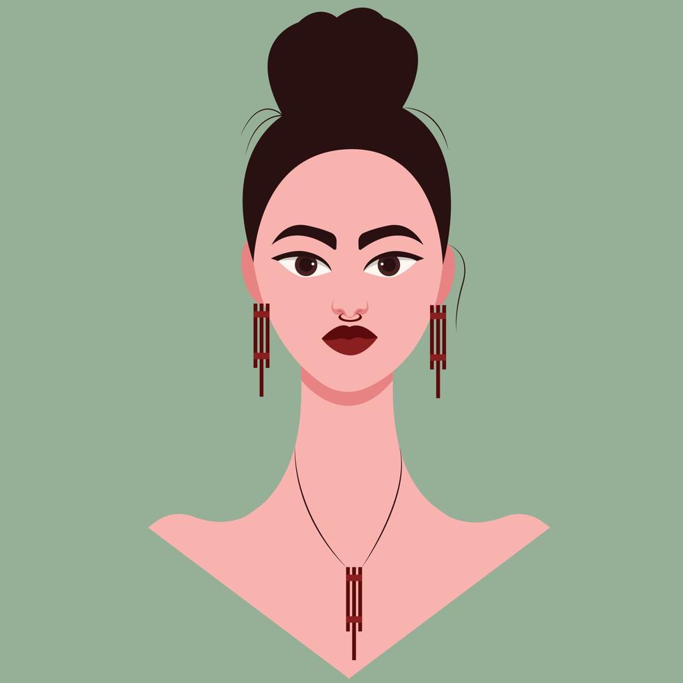 Portrait of a beautiful woman with jewelry. Vector illustration in flat style.