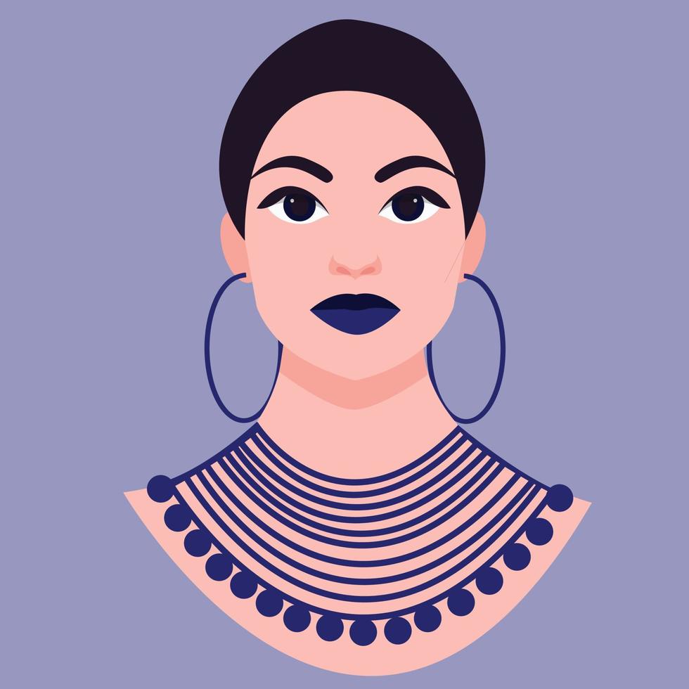 Portrait of a beautiful  American woman with blue jewelry and lipstick. vector