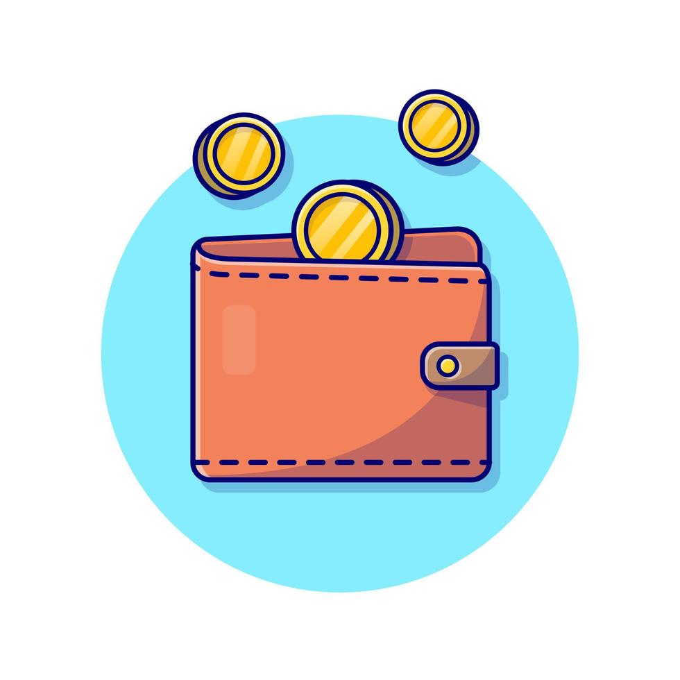 billetera con ilustración de icono de vector de dibujos animados de moneda de oro. concepto de objeto financiero vector premium aislado. estilo de dibujos animados plana