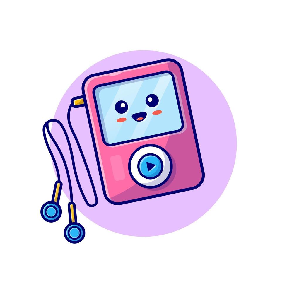 Lindo reproductor de música con ilustración de icono de vector de dibujos animados de auriculares. concepto de icono de música de tecnología vector premium aislado. estilo de dibujos animados plana