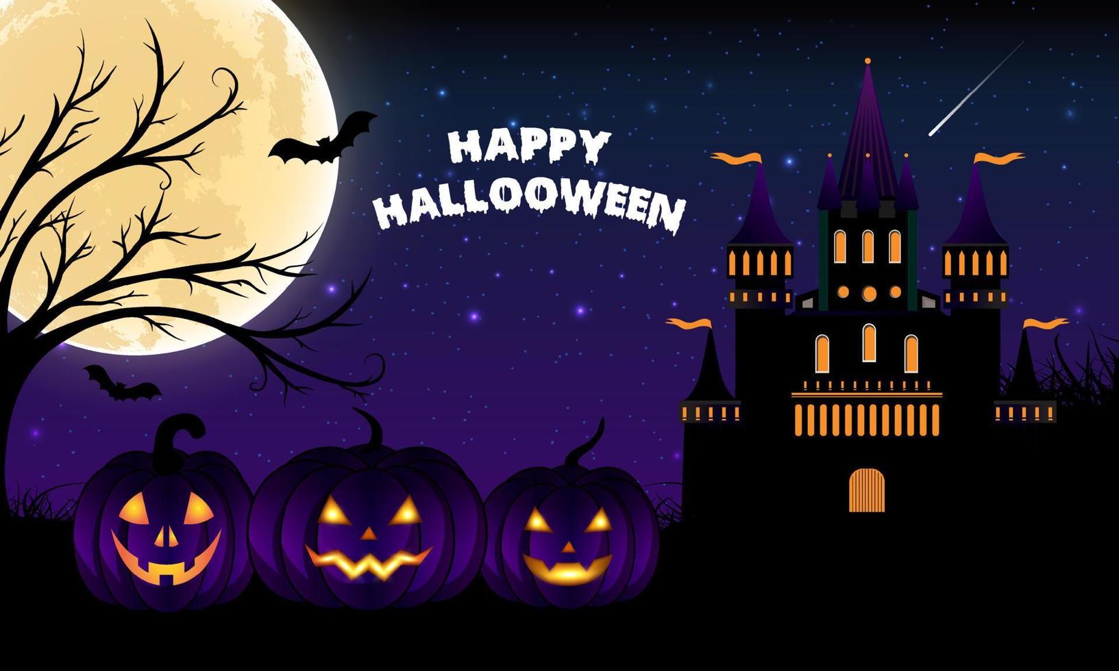 banner de fondo de diseño de miedo feliz halloween con vector de calabaza y castillo