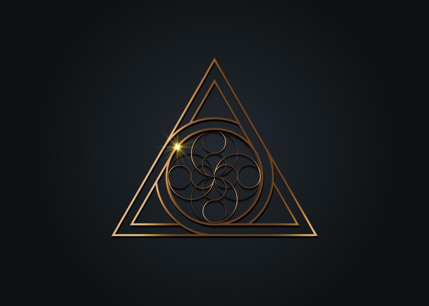 letter A and Letter O, golden logo design, sacred geometrical figure of a circle inscribed in a triangle, gold flower vector mythological symbol round triangle, isolated on black background