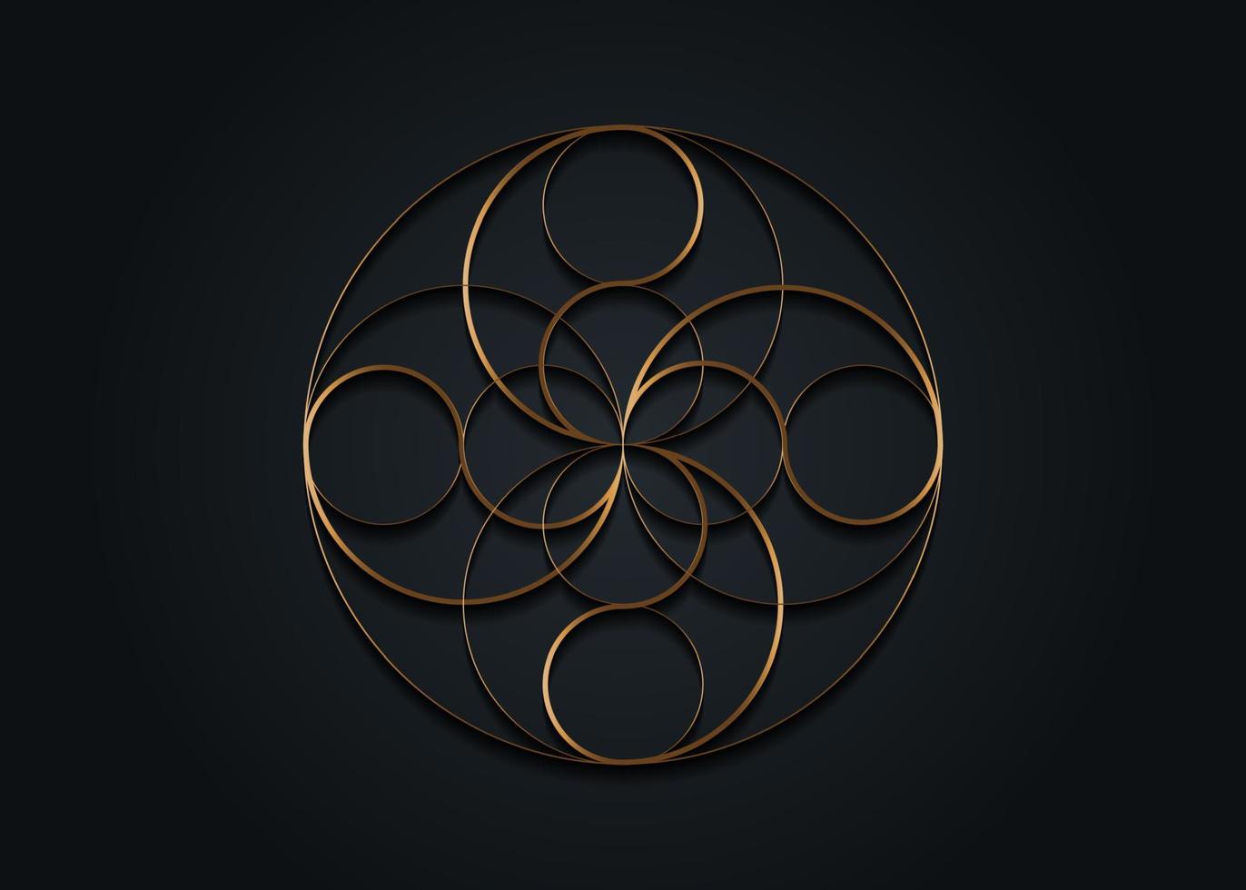 Gold Mystical flower of fortune, four-leaf clover icon, sacred geometry, luxury round logo in golden line art style, geometric intersection of circles, vector illustration isolated on black background
