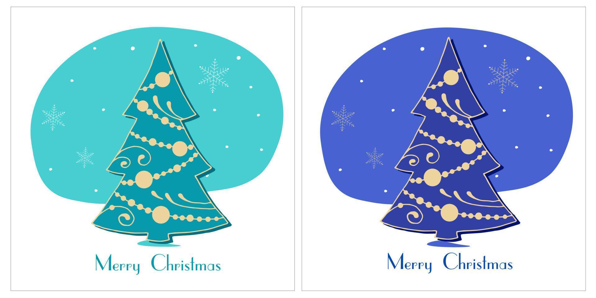 Christmas card with decorative Christmas tree decorated with beads and balls on turquoise and blue background vector