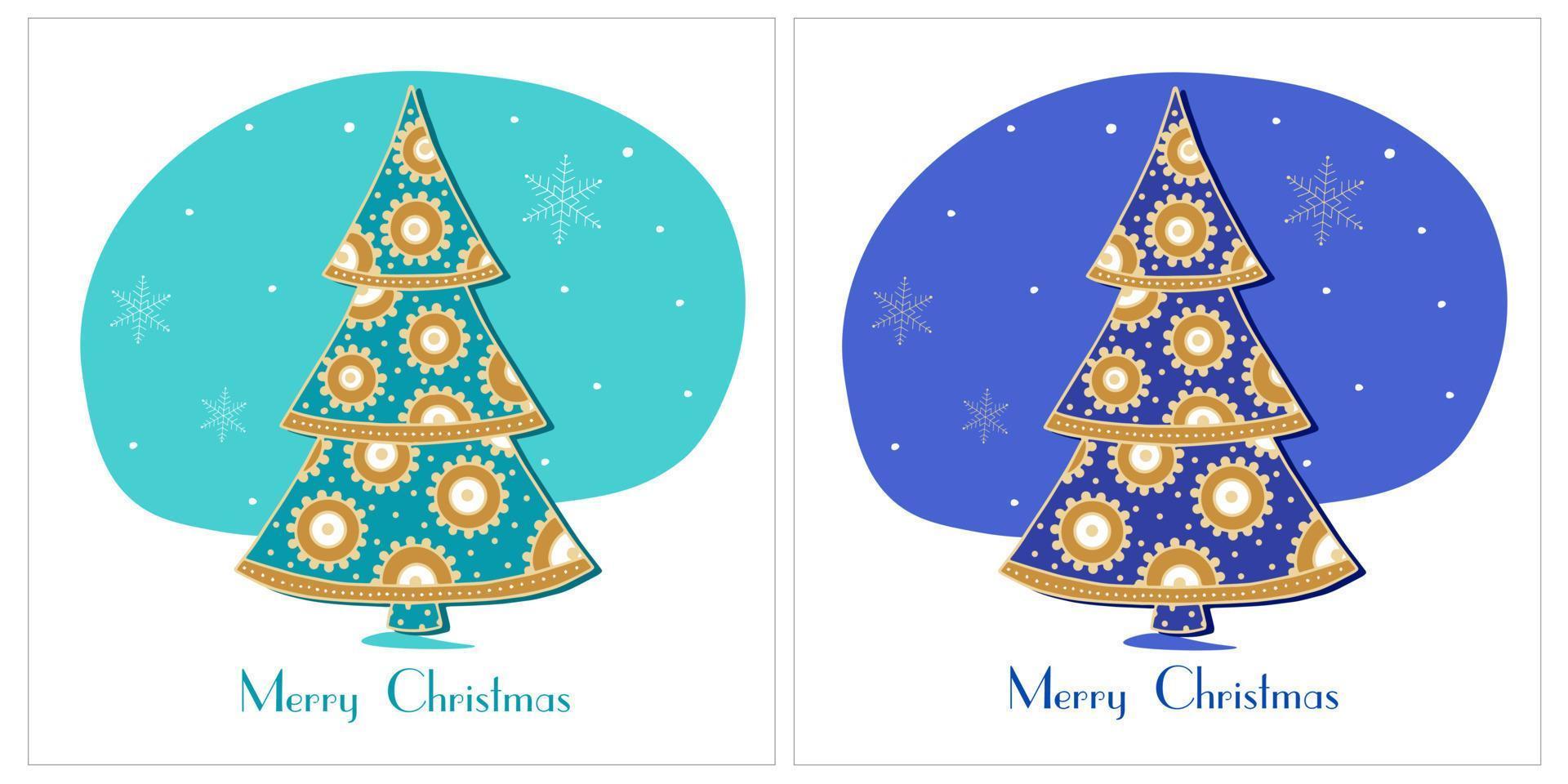 Greeting card with Christmas tree decorated with balls on turquoise and blue background vector