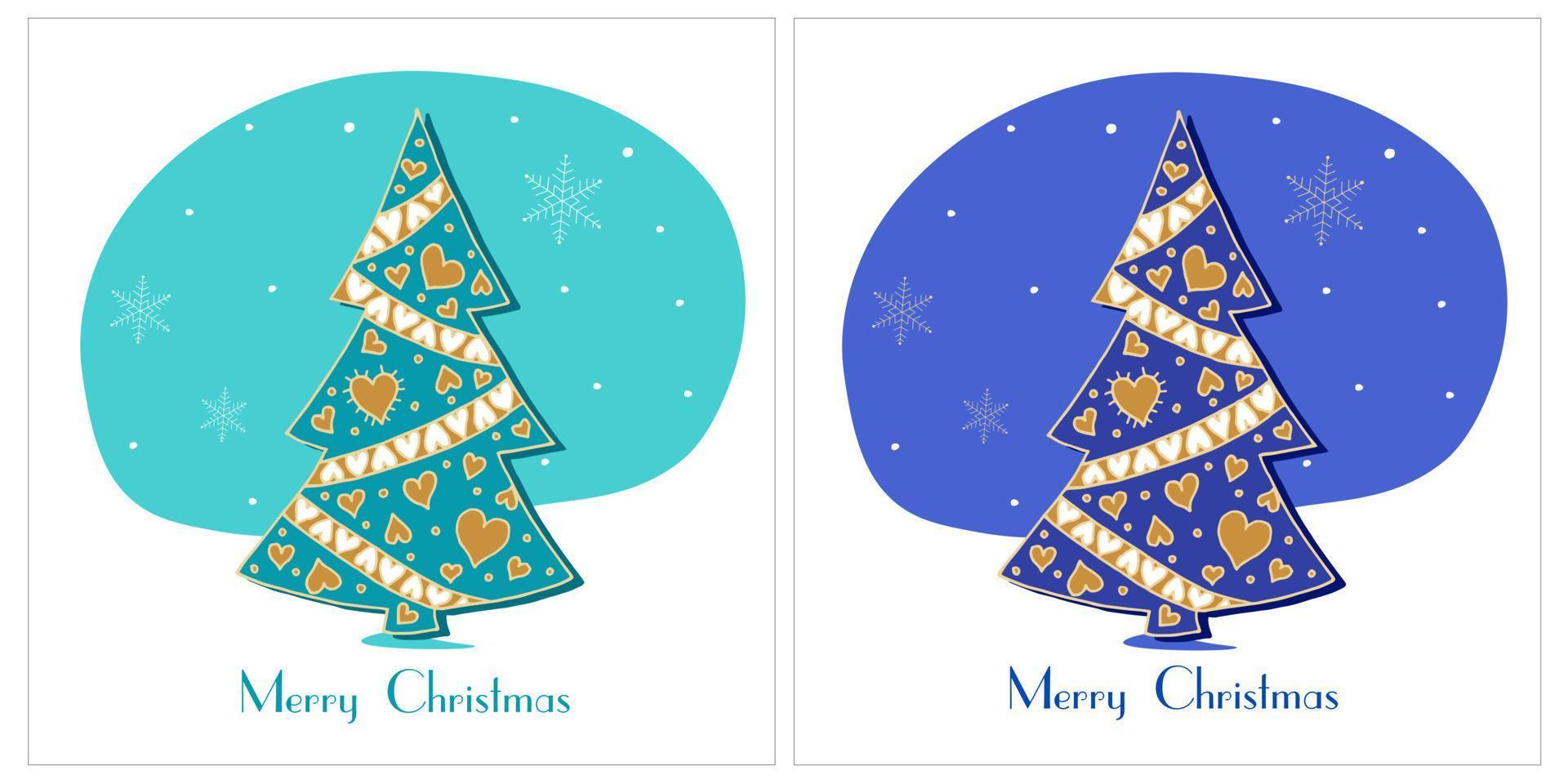 Christmas card with Christmas tree and decorative ornament of hearts on turquoise and blue background vector