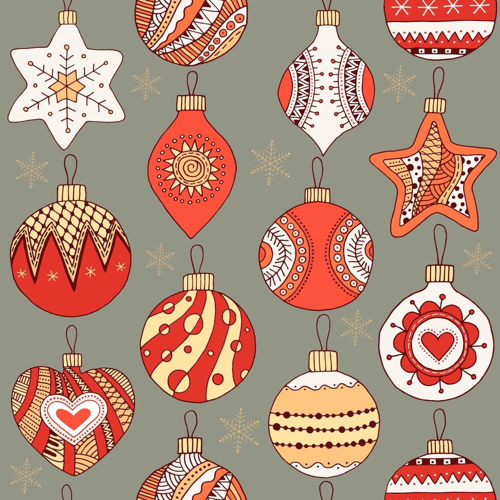 patrón transparente de color con adornos navideños y copos de nieve vector