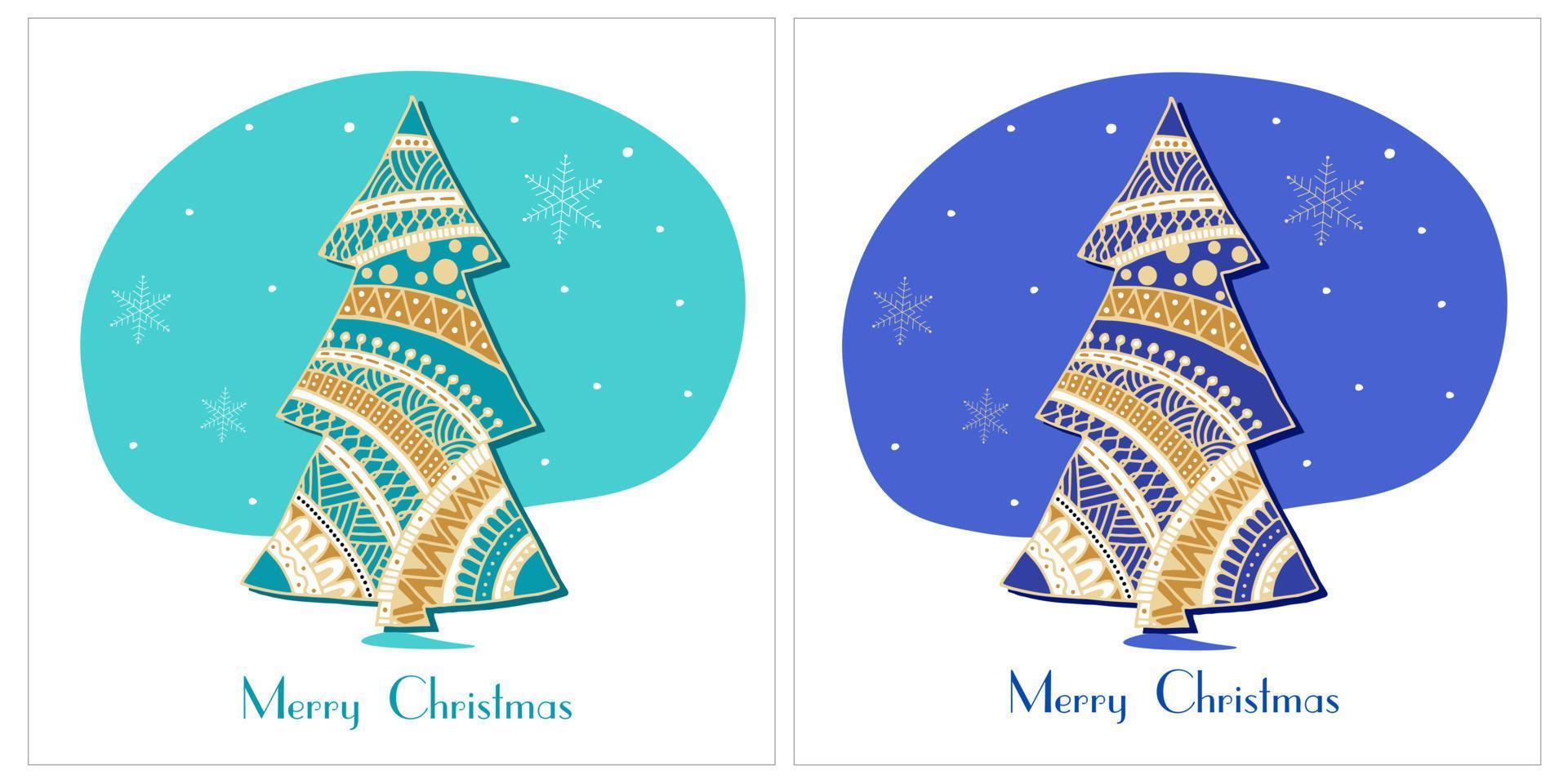 tarjeta de navidad con árbol decorativo en estilo de arte zen sobre fondo turquesa y azul vector